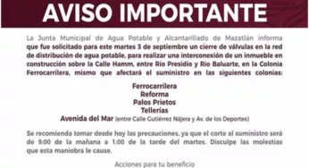 ATENCIÓN MAZATLÁN, ESTOS CINCO SECTORES SE VERÁN AFECTADOS CON UN CORTE DE AGUA
